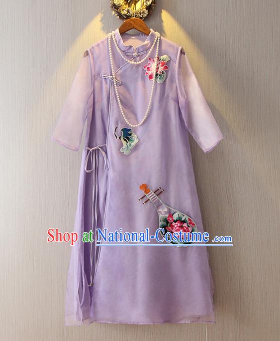 Chinese Traditional National Costume Embroidered Purple Cheongsam Tangsuit Qipao Dress for Women