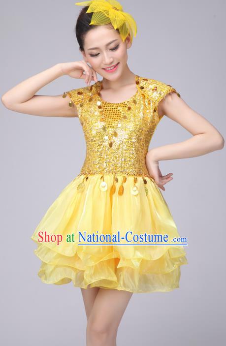 Chinese Classic Stage Performance Costume Modern Dance Yellow Bubble Dress for Women