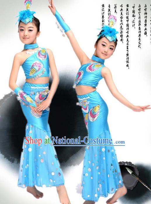 Traditional Chinese Ethnic Nationality Pavane Costume, Chinese Peacock Dance Blue Clothing for Kids