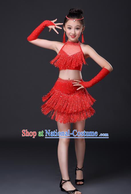 Top Grade Stage Performance Jazz Dance Costume, Professional Modern Dance Red Tassel Dress for Kids