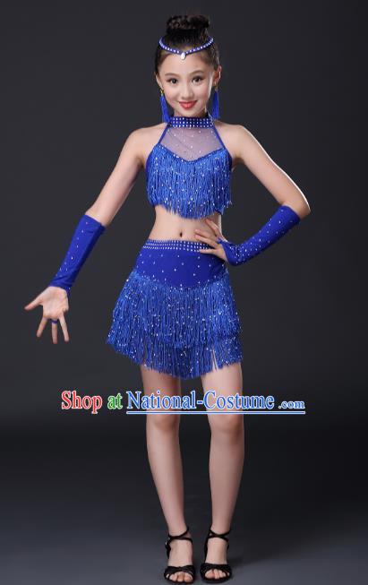 Top Grade Stage Performance Jazz Dance Costume, Professional Modern Dance Royalblue Tassel Dress for Kids