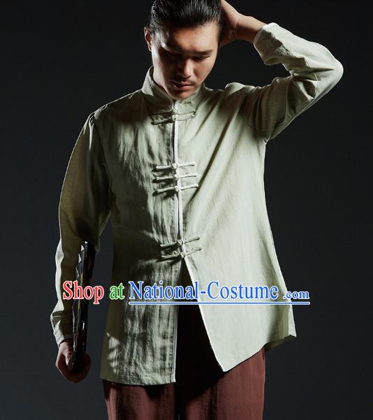 Chinese Kung Fu Costume Plated Buttons Green Linen Shirts Martial Arts Gongfu Wushu Tang SuitsTai Chi Clothing for Men