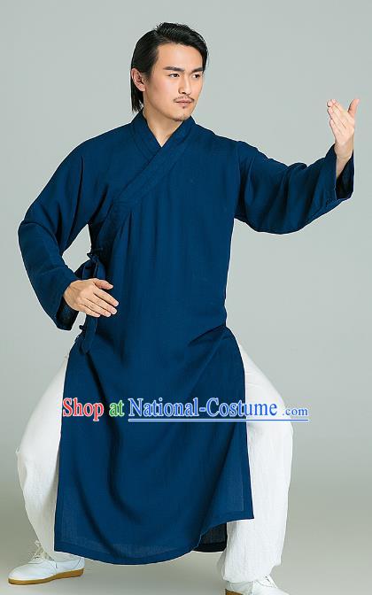 Top Grade Linen Kung Fu Costume Blue Long Robe Martial Arts Training Gongfu Wushu Tang Suit Clothing for Men