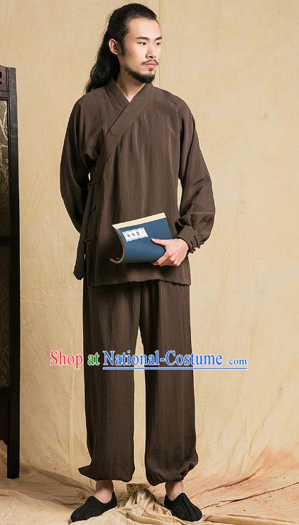 Top Grade Kung Fu Costume Martial Arts Training Brown Linen Suits Gongfu Wushu Tang Suit Clothing for Men