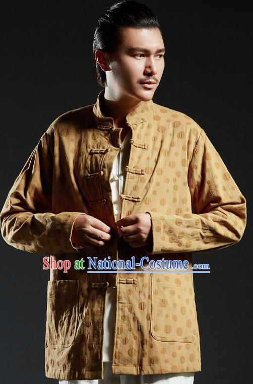 Chinese Kung Fu Martial Arts Gongfu Yellow Tang Suits Costume Wushu Tai Chi Clothing for Men