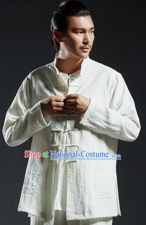 Chinese Kung Fu Shirts Martial Arts White Linen Jacket Gongfu Costume Wushu Tai Chi Clothing for Men