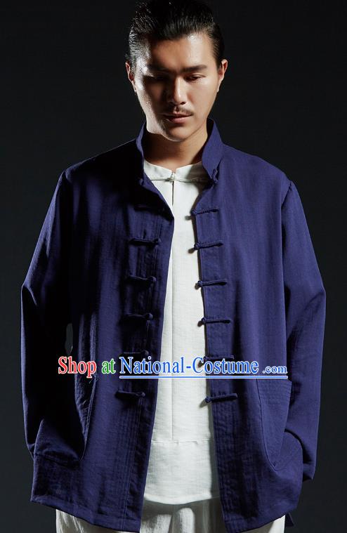 Chinese Kung Fu Shirts Martial Arts Navy Linen Jacket Gongfu Costume Wushu Tai Chi Clothing for Men