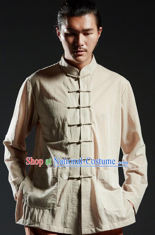 Chinese Kung Fu Shirts Martial Arts Khaki Linen Jacket Gongfu Costume Wushu Tai Chi Clothing for Men