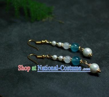 Traditional Chinese Ancient Handmade Hanfu Blue Beads Pearls Earrings for Women