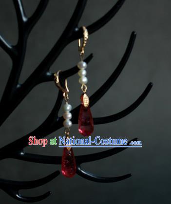 Traditional Chinese Ancient Handmade Hanfu Red Crystal Earrings Eardrop for Women