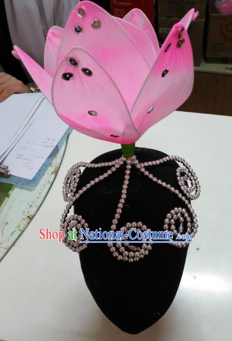 Chinese Traditional Folk Dance Hair Accessories Pink Lotus Headwear for Women