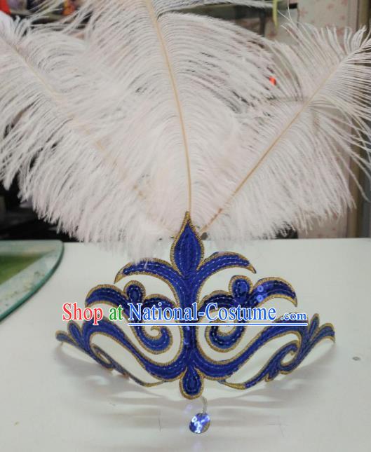 Chinese Classical Dance Blue Hair Accessories Traditional Folk Dance Yanko Dance White Feather Headwear for Women