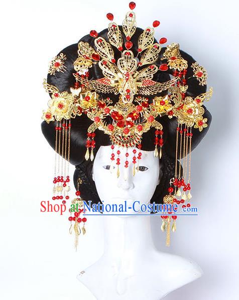 Chinese Ancient Hair Accessories Hanfu Imperial Consort Wig and Phoenix Coronet Hairpins Traditional Palace Lady Headwear for Women