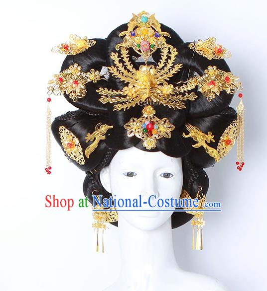 Chinese Ancient Hair Accessories Imperial Consort Wig and Phoenix Coronet Hairpins Traditional Palace Lady Headwear for Women