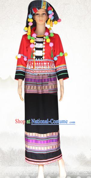 Traditional Chinese Wa Nationality Dance Costume and Headwear, China Ethnic Minority Embroidery Clothing and Headdress for Women