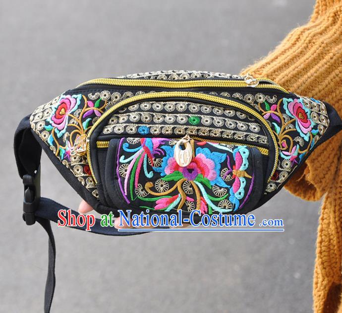 Chinese Traditional Embroidery Craft Embroidered Black Waist Bags Handmade Handbag for Women