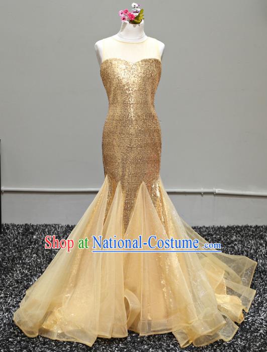 Children Stage Performance Costumes Catwalks Golden Mermaid Dress Modern Fancywork Full Dress for Kids