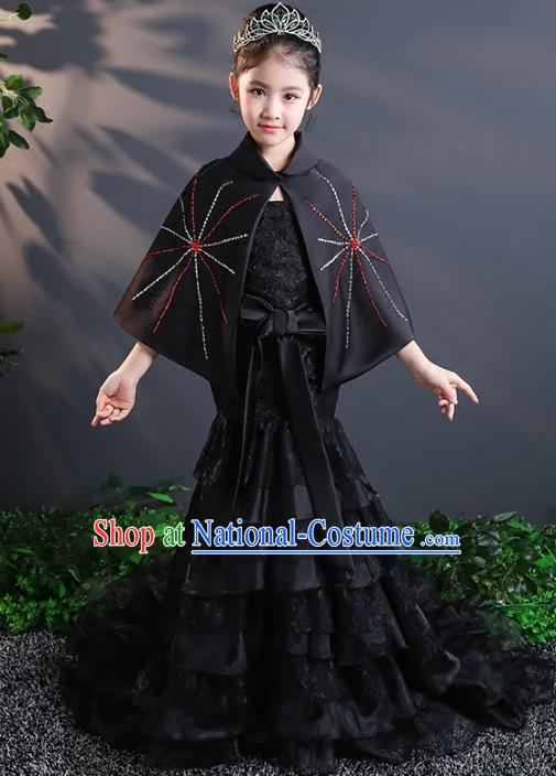 Top Grade Stage Performance Costumes Black Lace Mermaid Dress Modern Fancywork Full Dress for Kids