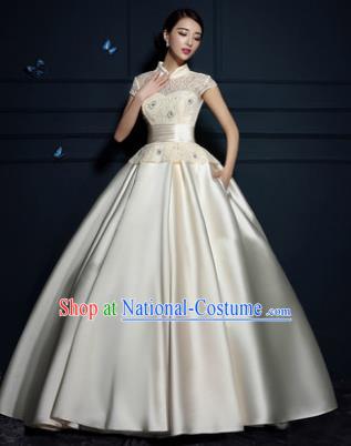 Top Grade Advanced Customization Wedding Dress Champagne Satin Bridal Full Dress Costume for Women