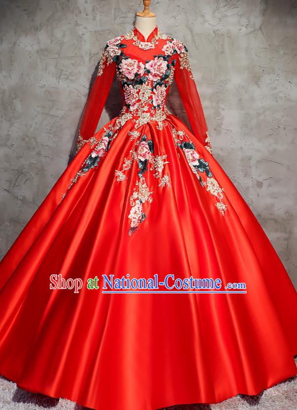 Top Grade Advanced Customization Red Embroidered Satin Dress Wedding Dress Compere Bridal Full Dress for Women