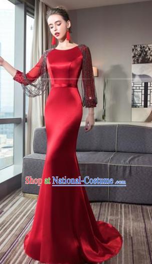 Top Grade Advanced Customization Red Satin Dress Wedding Dress Compere Bridal Full Dress for Women