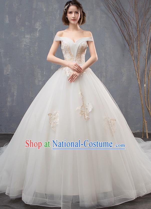 Top Grade Advanced Customization White Veil Mullet Dress Flat Shouders Wedding Dress Compere Bridal Full Dress for Women