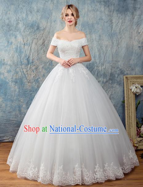 Top Grade Advanced Customization Flat Shouders White Veil Bubble Dress Wedding Dress Compere Bridal Full Dress for Women