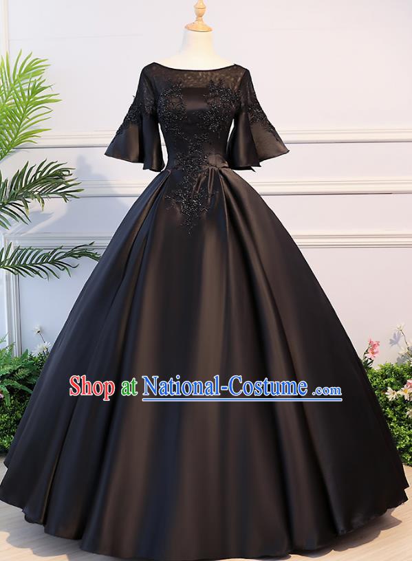 Top Grade Advanced Customization Evening Dress Black Satin Wedding Dress Compere Bridal Full Dress for Women