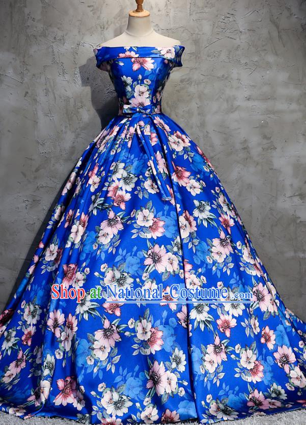 Top Grade Advanced Customization Evening Dress Printing Flowers Blue Trailing Wedding Dress Compere Bridal Full Dress for Women