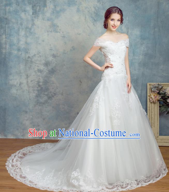 Top Grade Advanced Customization Trailing Evening Dress White Veil Wedding Dress Compere Bridal Full Dress for Women