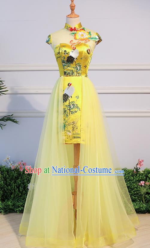 Top Grade Advanced Customization Printing Cranes Evening Dress Yellow Veil Wedding Dress Compere Bridal Full Dress for Women