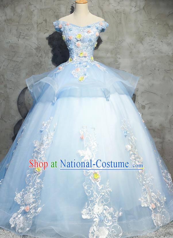 Top Grade Advanced Customization Flowers Evening Dress Blue Bubble Wedding Dress Compere Bridal Full Dress for Women