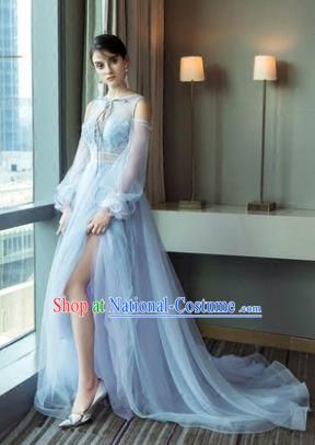 Top Grade Advanced Customization Blue Evening Dress Trailing Wedding Dress Compere Bridal Full Dress for Women