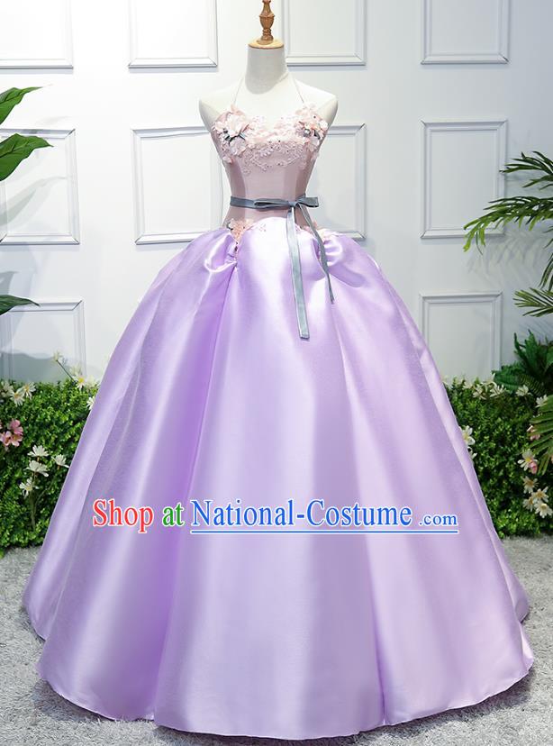 Top Grade Wedding Costume Compere Evening Dress Purple Satin Bubble Dress Bridal Full Dress for Women