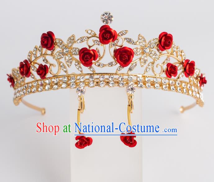 Baroque Bride Hair Accessories Classical Royal Crown Red Rose Imperial Crown Headwear for Women