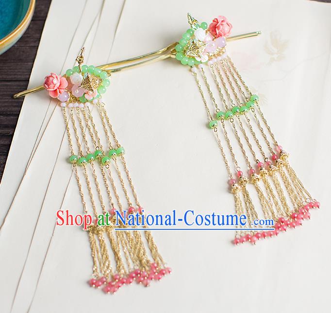 Chinese Traditional Palace Hair Accessories Xiuhe Suit Green Beads Hair Clips Ancient Hairpins for Women