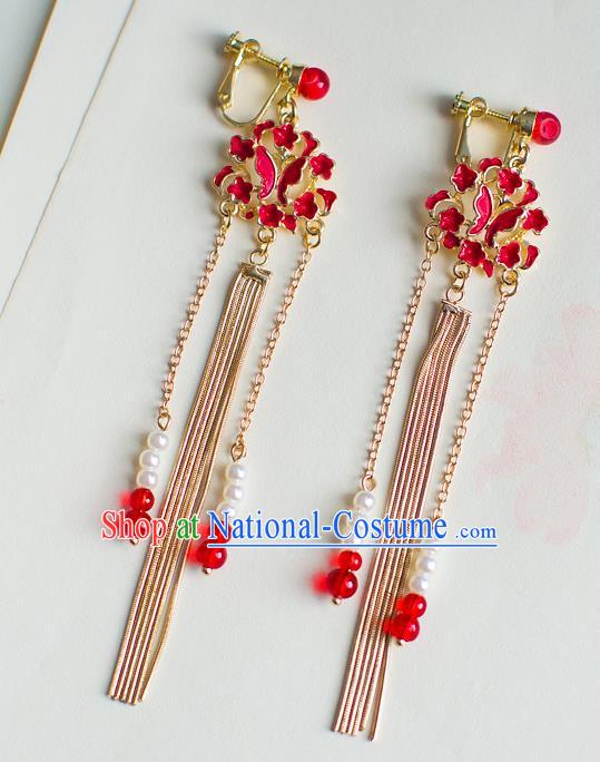 Chinese Ancient Bride Classical Accessories Earrings Wedding Jewelry Hanfu Red Butterfly Tassel Eardrop for Women