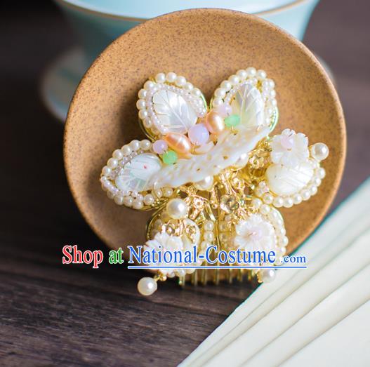 Chinese Traditional Palace Hair Accessories Jade Butterfly Hair Comb Ancient Xiuhe Suit Pearls Hairpins for Women