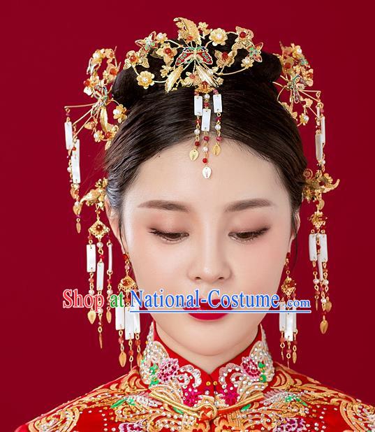 Chinese Traditional Palace Hair Accessories Xiuhe Suit Phoenix Coronet Ancient Jade Tassel Hairpins Complete Set for Women