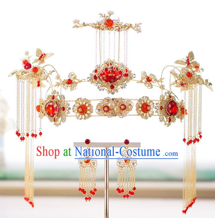 Chinese Traditional Palace Hair Accessories Phoenix Coronet Xiuhe Suit Hairpins Ancient Tassel Hair Clips Complete Set for Women