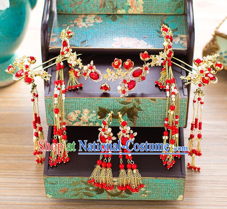 Chinese Traditional Palace Hair Accessories Red Crystal Phoenix Coronet Ancient Xiuhe Suit Tassel Hairpins Complete Set for Women