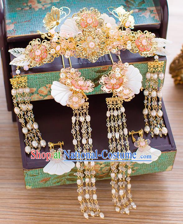 Chinese Traditional Palace Hair Accessories Shell Phoenix Coronet Ancient Xiuhe Suit Tassel Hairpins Complete Set for Women