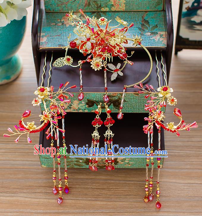 Chinese Traditional Palace Hair Accessories Red Tassel Phoenix Coronet Ancient Xiuhe Suit Hairpins Complete Set for Women