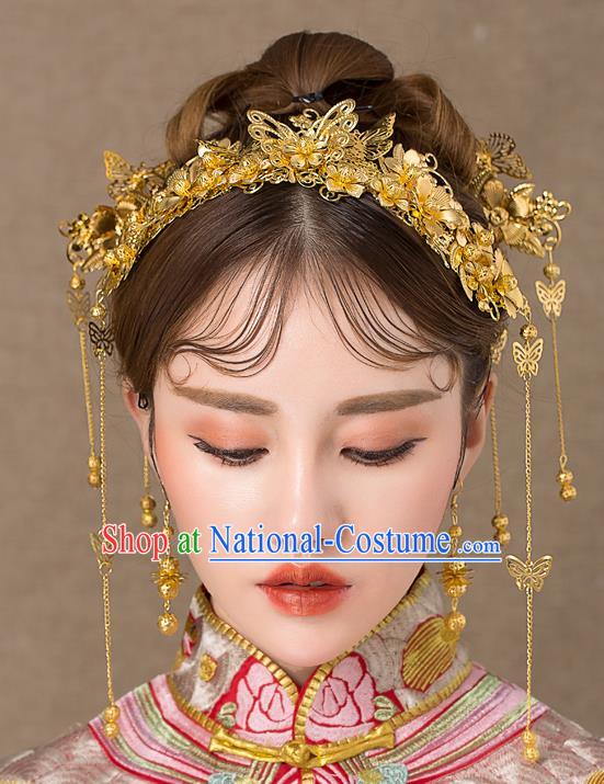 Chinese Traditional Palace Hair Accessories Ancient Hairpins Xiuhe Suit Golden Butterfly Phoenix Coronet Complete Set for Women