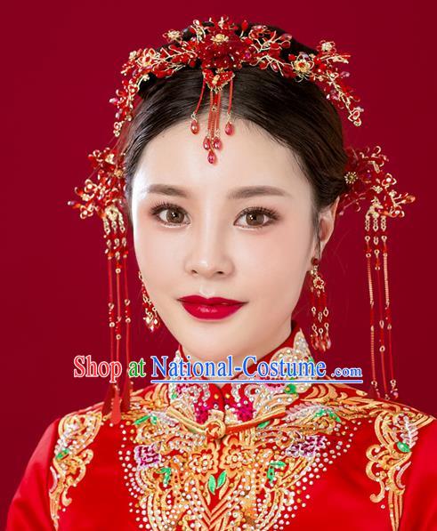 Chinese Traditional Palace Hair Accessories Red Phoenix Coronet Ancient Hairpins Xiuhe Suit Tassel Step Shake Complete Set for Women