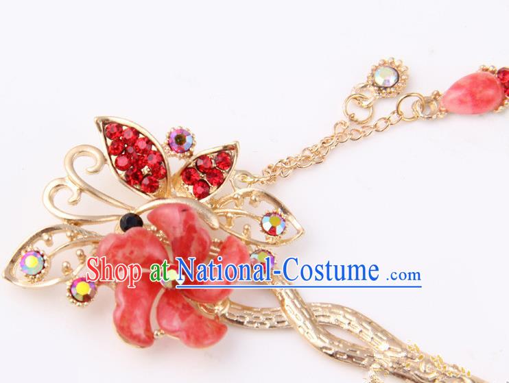 Chinese Traditional Palace Hair Accessories Ancient Red Flowers Hairpins Crystal Hair Clips for Women