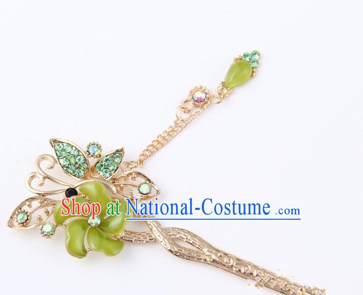 Chinese Traditional Palace Hair Accessories Ancient Green Flowers Hairpins Crystal Hair Clips for Women