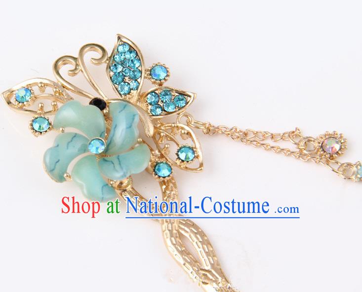 Chinese Traditional Palace Hair Accessories Ancient Blue Flowers Hairpins Crystal Hair Clips for Women