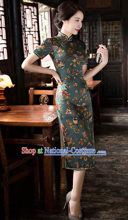 Chinese National Costume Handmade Tang Suit Qipao Dress Traditional Green Watered Gauze Cheongsam for Women