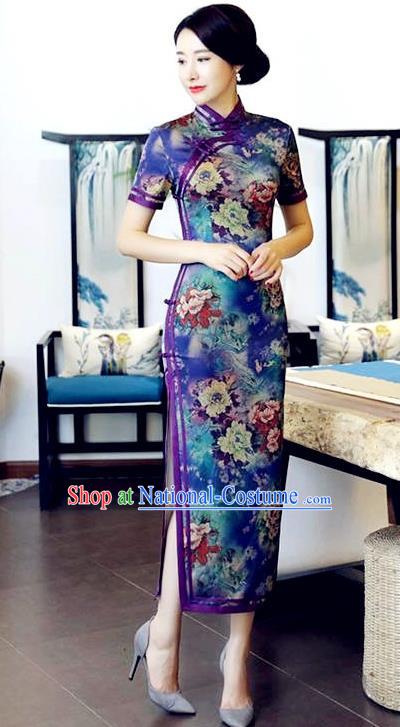 Chinese National Costume Handmade Tang Suit Qipao Dress Traditional Printing Peony Blue Cheongsam for Women